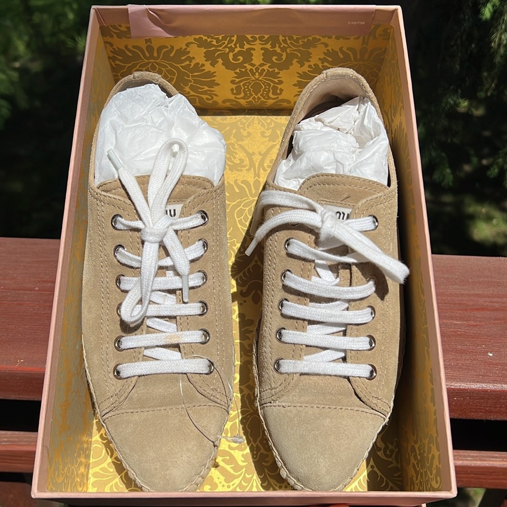 Miu Miu Suede Platform Espadrilles in neutral size 6.5